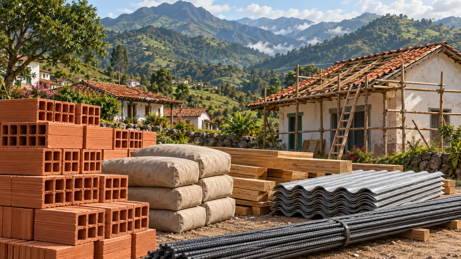 Ilustración sobre la reparación de viviendas tras el sismo en Antioquia: materiales de construcción y una casa con andamios.